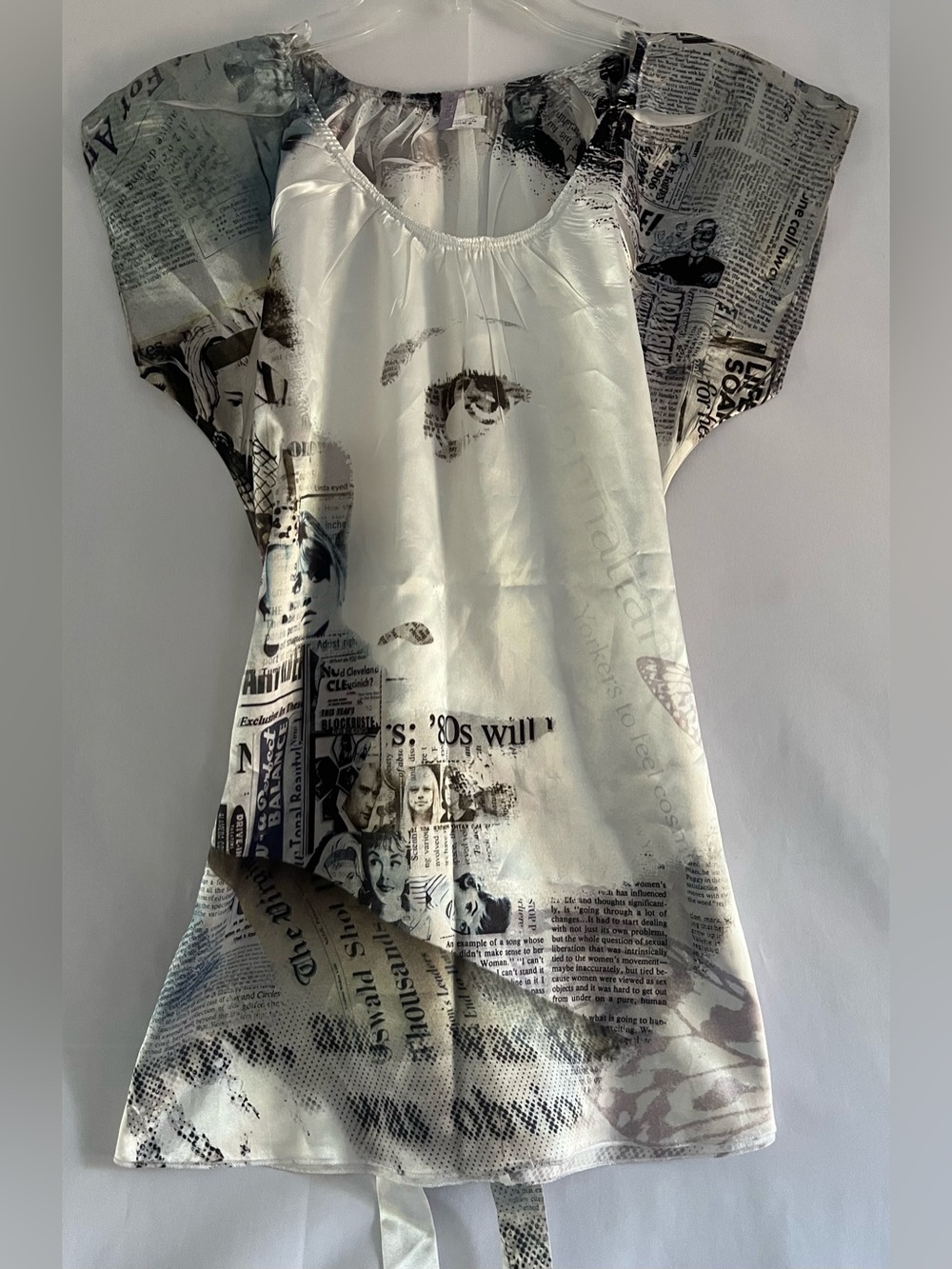 Y2K Newspaper Print Satin Tunic Top Vintage Graphic Blouse